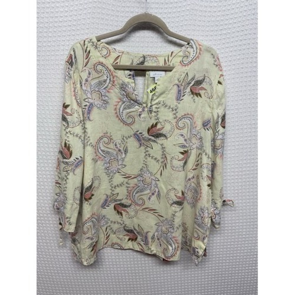 J. Jill Love Linen Pastel Paisley Floral Tie Sleeve Blouse Women XL Indonesia